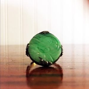Vintage Green Jade and Silver Colored Ring